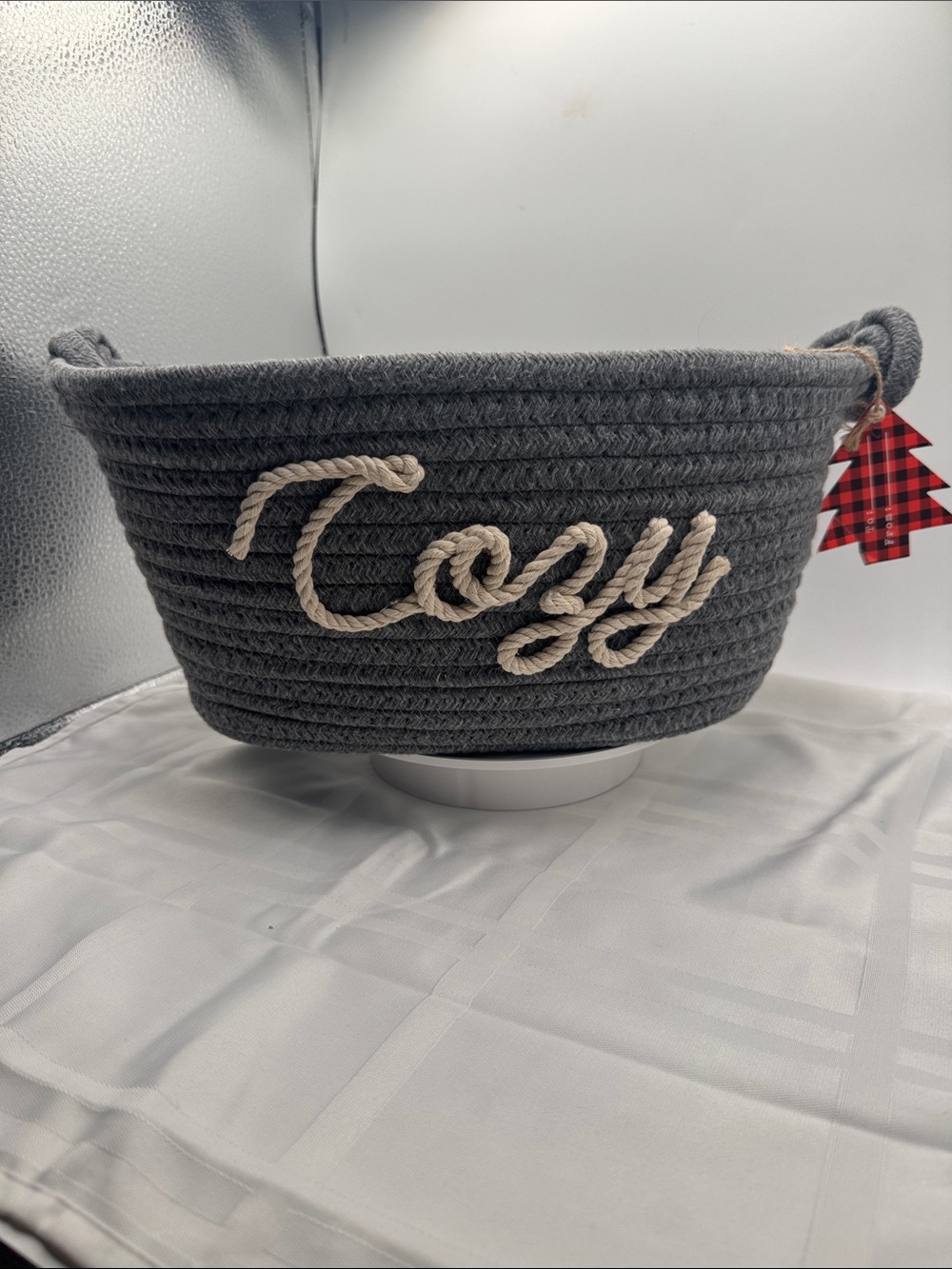 Basket gray cotton woven storage basket with Cozy cream rope knot handle detail